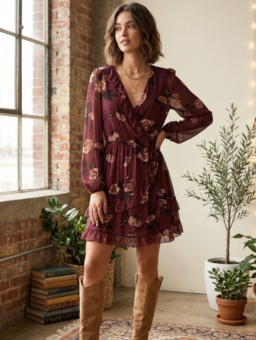 Xhilaration Burgundy Floral Wrap Dress XS Long Sleeve Ruffle Mini Boho
